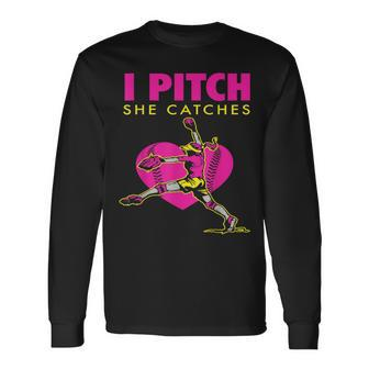 Softball Parent Fan I Pitch She Catches Long Sleeve T-Shirt | Mazezy