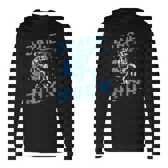 Space Rock Blue Retro Astronaut Playing Guitar Long Sleeve T-Shirt | Mazezy