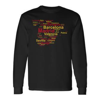 Spain Map Silhouette Towns Cities Madrid Travel Espana Long Sleeve T-Shirt - Monsterry UK