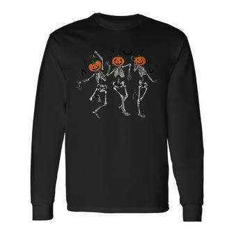 Spooky Dancing Pumpkin Head Skeletons Long Sleeve T-Shirt | Mazezy