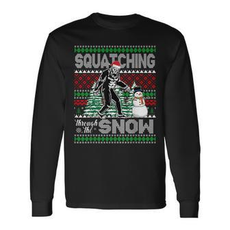 Squatching Through The Snow Bigfoot Ugly Sweater Christmas Long Sleeve T-Shirt | Mazezy