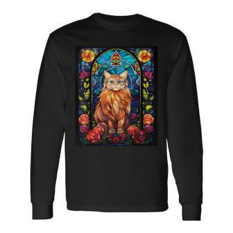 Stained Glass Style British Longhair Cat Long Sleeve T-Shirt | Mazezy