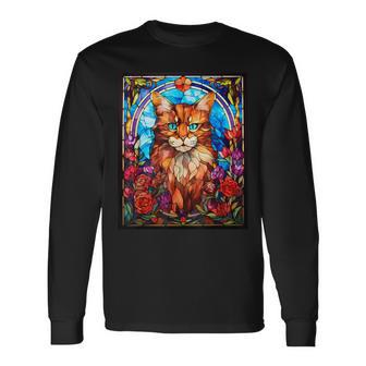Stained Glass Style Cymric Cat Long Sleeve T-Shirt | Mazezy