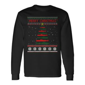 Submarine Navy Military Tree Ugly Christmas Sweater Long Sleeve T-Shirt - Monsterry DE
