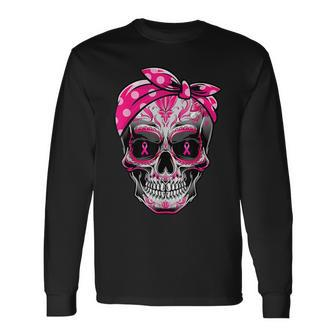 Sugar Skull Breast Cancer Awareness Pink Ribbon Calavera Long Sleeve T-Shirt - Monsterry UK