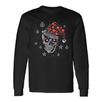 Sugar Skull With Santa Hat Christmas Pajama Xmas Long Sleeve T-Shirt - Monsterry