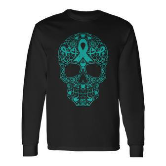 Sugar Skull Teal Ribbon Ovarian Cancer Awareness Mexican Long Sleeve - Monsterry AU