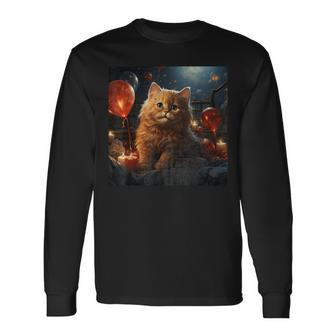Suphalak Cat 4Th Of July Red Fireworks Star Pillow Graphic Long Sleeve T-Shirt | Mazezy