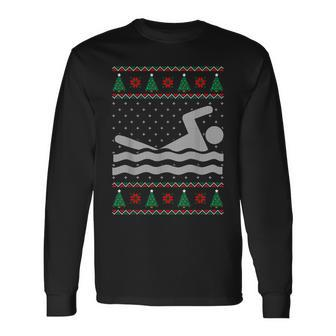 Swimming Ugly Christmas Sweater Long Sleeve T-Shirt | Mazezy