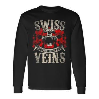 Swiss Blood Runs Through My Veins Flag Of Switzerland Long Sleeve T-Shirt - Seseable