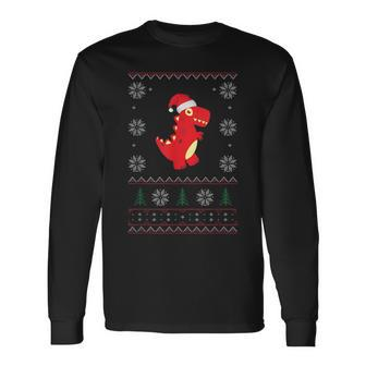 T-Rex Christmas Ugly Sweater Long Sleeve T-Shirt - Monsterry