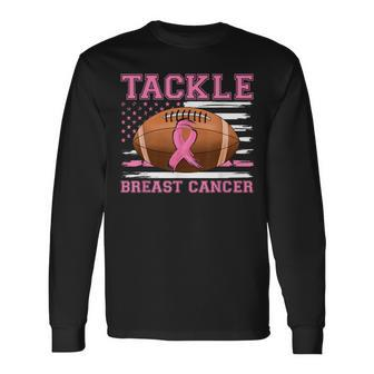 Tackle Football Pink Ribbon Warrior Breast Cancer Awareness Long Sleeve T-Shirt - Seseable