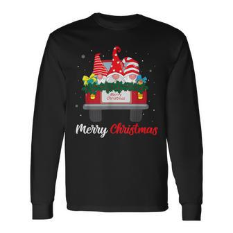 Three Gnomes In Red Truck With Merry Christmas Tree Family Long Sleeve T-Shirt - Thegiftio UK