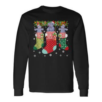 Three Hippo In Socks Ugly Christmas Sweater Party Long Sleeve T-Shirt - Monsterry