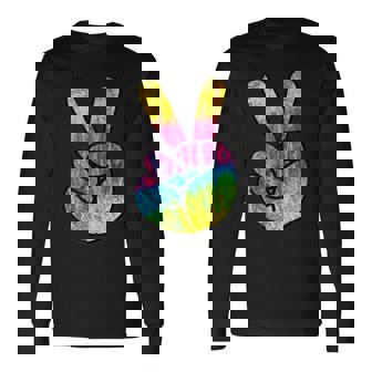 Tie Dyed Two Fingers Colorful Psychedelic Peace Sign Funky Long Sleeve T-Shirt | Mazezy