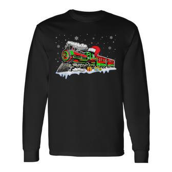 Train Santa Hat Christmas Pajama Train Distressed Xmas Long Sleeve T-Shirt - Seseable