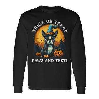Trick Or Treat Paws And Feet Boston Terrier Halloween Puppy Long Sleeve T-Shirt | Mazezy