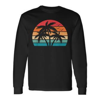 Tropical Hawaiian Retro Palm Tree Sunset Hawaii Beach Long Sleeve T-Shirt - Seseable