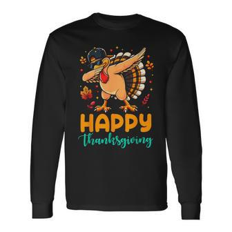 Turkey Dabbing Happy Thanksgiving Day Pilgrim Boys Men Long Sleeve T-Shirt - Seseable