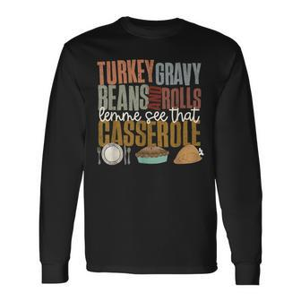 Turkey Gravy Beans Rolls Casserole Retro Thanksgiving Autumn Long Sleeve T-Shirt - Thegiftio UK