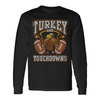 Turkey And Touchdowns Football Retro Thanksgiving Boys Long Sleeve T-Shirt - Seseable