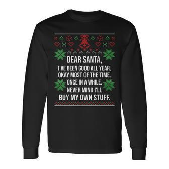 Ugly Christmas Sweater Dear Santa Claus Wish List Long Sleeve T-Shirt | Mazezy