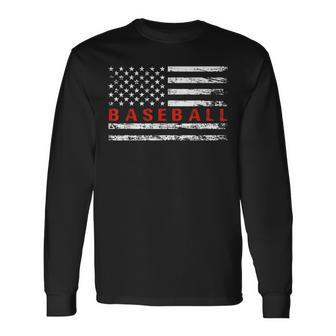 Us Flag Baseball Player Baseball Lover Vintage Long Sleeve T-Shirt