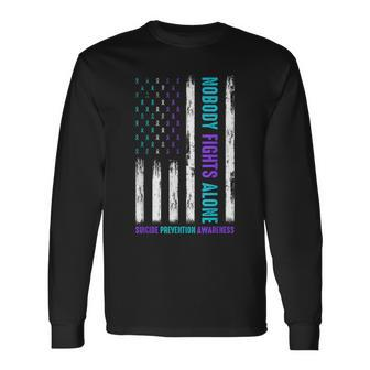 Usa Flag Nobody Fights Alone Suicide Prevention Awareness Long Sleeve T-Shirt - Seseable