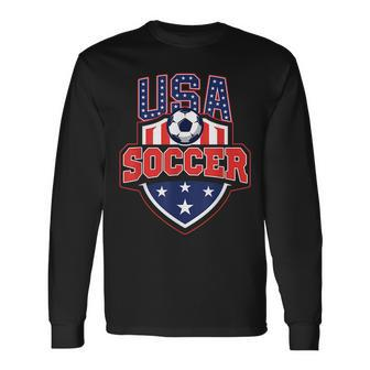 Usa Soccer American Flag Football Player Long Sleeve T-Shirt - Seseable