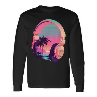 Vaporwave Headphones Music Beach Vibe Lofi Rock Aesthetic Long Sleeve T-Shirt T-Shirt | Mazezy