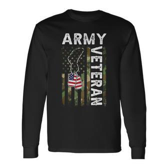 Veteran Vets Us Army Veteran Usa America Camo Flag And Military Dog Tag Veterans Long Sleeve T-Shirt - Monsterry