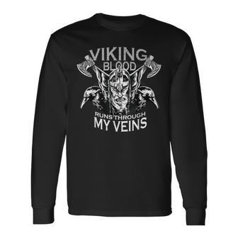 Viking Blood Runs Through My Veins Bearded Viking Warrior Long Sleeve T-Shirt - Seseable