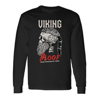 Viking Blood Runs Through My Veins Bearded Warrior Skull Long Sleeve T-Shirt - Seseable