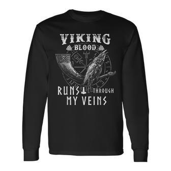 Viking Blood Runs Through My Veins Drinking Horn Crow Bw Long Sleeve T-Shirt - Seseable