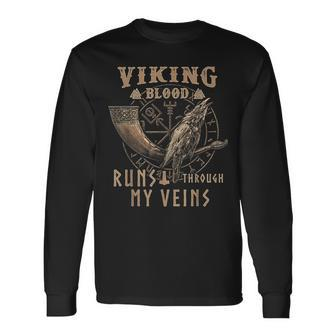 Viking Blood Runs Through My Veins Drinking Horn Crow Long Sleeve T-Shirt - Seseable