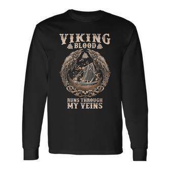 Viking Blood Runs Through My Veins Viking Ship Odins Raven Long Sleeve T-Shirt - Seseable