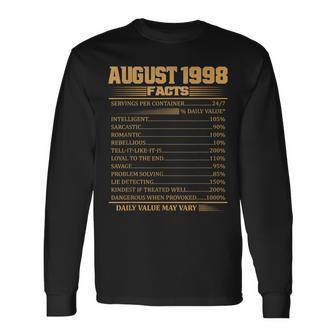 Vintage 20Th Birthday Made In August 1998 Facts Long Sleeve T-Shirt T-Shirt | Mazezy