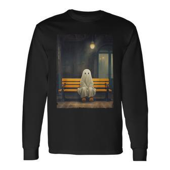 Vintage Cute Ghost Waiting Sitting On Chair Halloween Gothic Long Sleeve - Seseable