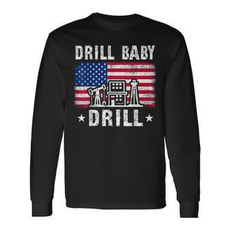 Vintage Drill Baby Drill American Flag Trump Political Long Sleeve T-Shirt - Seseable