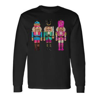 Vintage Sequin Cheerful Sparkly Nutcrackers Christmas Long Sleeve T-Shirt | Mazezy