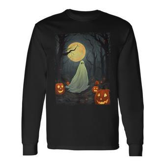 Vintage Ghost In Gothic Forest Full Moon Halloween Long Sleeve T-Shirt - Monsterry AU