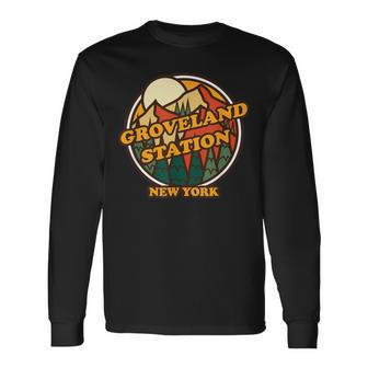 Vintage Groveland Station New York Mountain Souvenir Print Long Sleeve T-Shirt | Mazezy CA