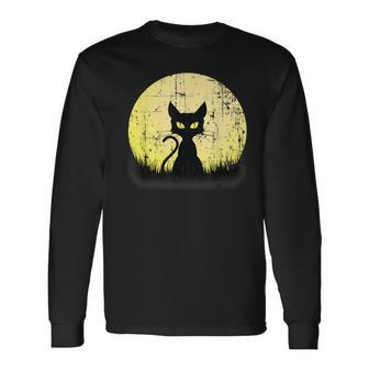 Vintage Halloween Cat Full Moon Weathered Distressed Moon Long Sleeve T-Shirt T-Shirt | Mazezy
