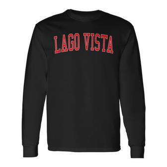 Vintage Lago Vista Tx Distressed Red Varsity Style Long Sleeve T-Shirt | Mazezy