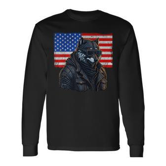Vintage Patriotic Biker Wolf Shades Rustic American Flag Usa Long Sleeve T-Shirt T-Shirt | Mazezy