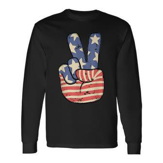 Vintage Patriotic Peace Hand Sign 4Th Of July American Flag Long Sleeve T-Shirt T-Shirt | Mazezy
