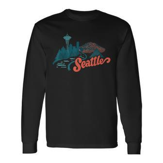 Vintage Retro Seattle Skyline And Nature Landscape Long Sleeve T-Shirt - Monsterry AU