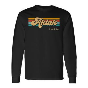 Vintage Sunset Stripes Akiak Alaska Long Sleeve T-Shirt | Mazezy