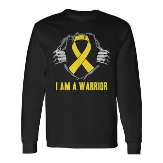 I Am A Warrior Childhood Cancer Awareness Gold Ribbon Long Sleeve T-Shirt | Mazezy DE