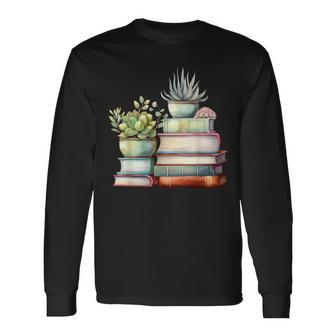 Watercolor Succulents And Books Long Sleeve T-Shirt | Mazezy